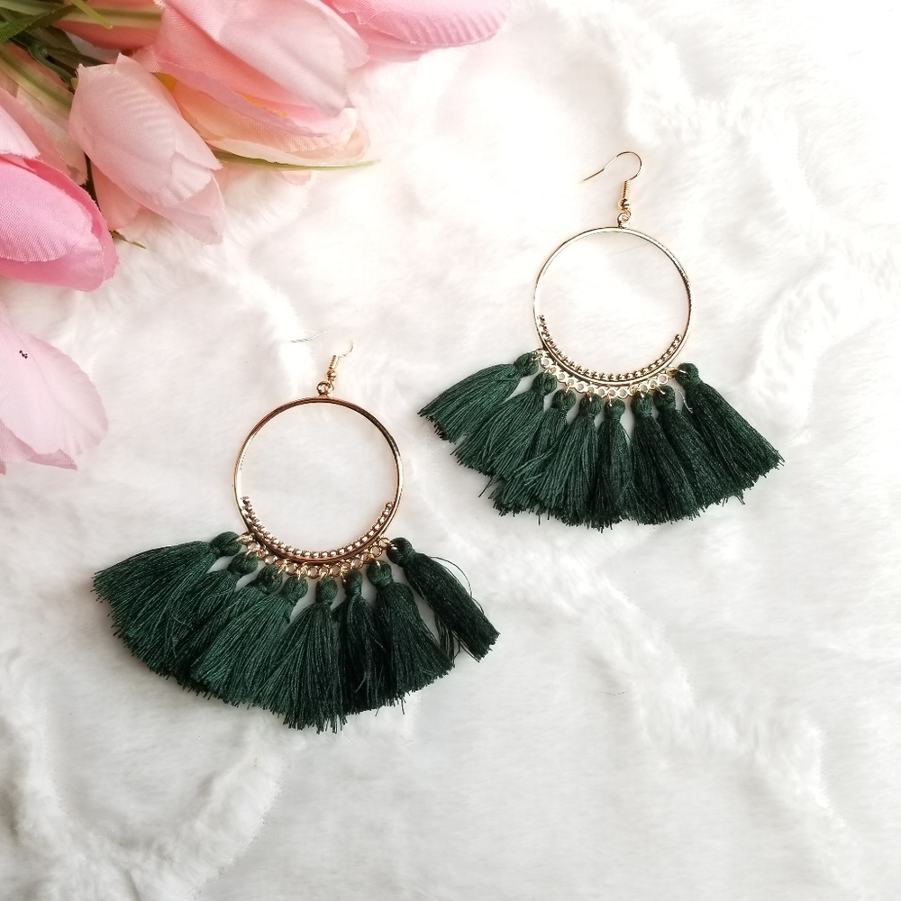 Boho Tassel Statement Earrings Moss Green Festival